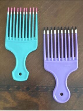 Lot of 2 Plastic Hair Pick Comb Set - Teal & Purple mini Combs 5x2